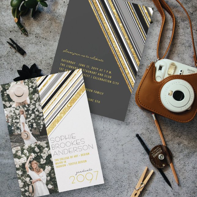 Guld Glitterränder 3 Foto Chic Examenstårtparty Inbjudningar (Skapare uppladdad)