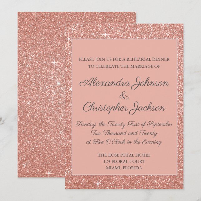 Guld- glitterrepetition middag för rosa ros inbjudningar (Fram/baksida)