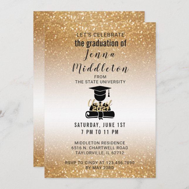 Guld- glitterstudenten inbjudningar (Fram/baksida)