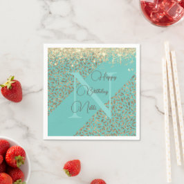 Guld Glittery Feathers Monogram Birthday Pappersservett