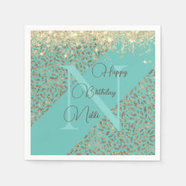 Guld Glittery Feathers Monogram Birthday Pappersservett
