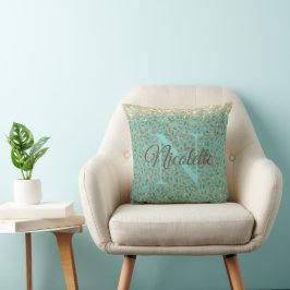 Guld Glittery Feathers Monogram på turkos Kudde