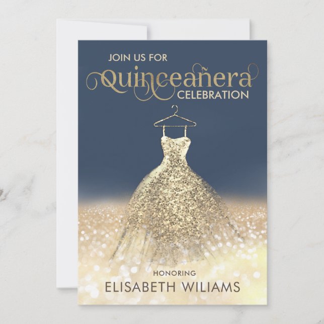 Guld glittery gnistra dress ombre Quinceañera Invi Inbjudningar (Framsida)