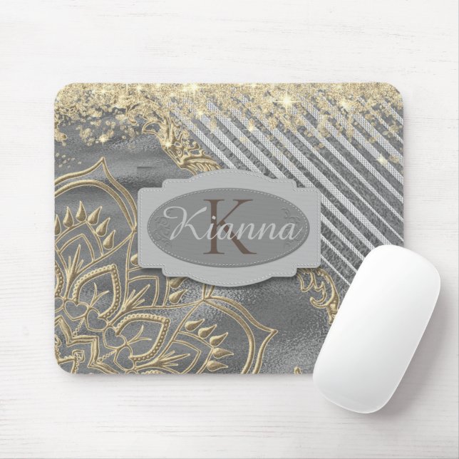 Guld Glittery Lotus Mandala Monogram Musmatta (Med mus)