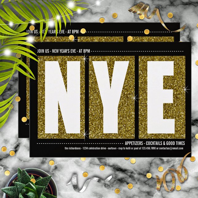 Guld Glittery Nyårsafton Cocktail Party Inbjudningar (Skapare uppladdad)