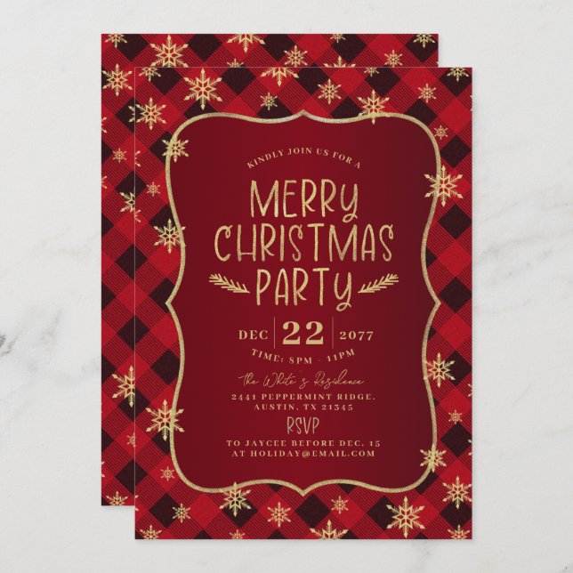 Guld Glittery Snowflake Red Play jul Party Inbjudningar (Fram/baksida)