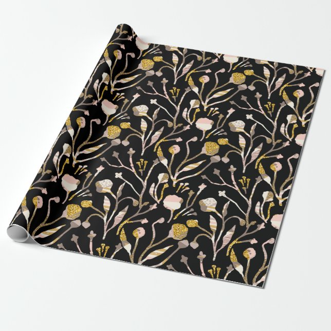 Guld Glittr Elegant Black Rosa Blommigt Botaniskt Presentpapper (Utrullad)