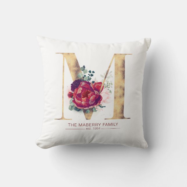 Guld Glittrade M Monogram Blommigt Burgundy Red Kudde (Framsida)