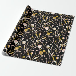 Guld Glittrande Elegant Svart Rosa Blommig Botanis Presentpapper