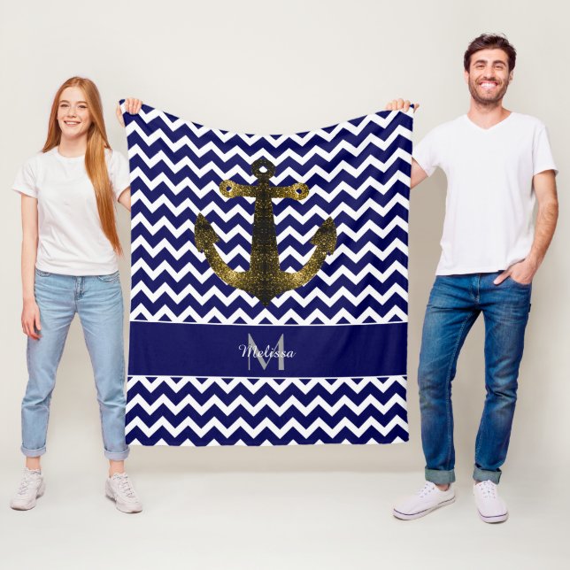 Guld glittrar Ankar Marinblå Chevron Monogram Fleecefilt (På plats)