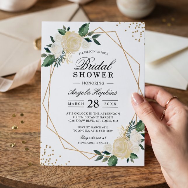 Guld Glittrar Grönska Blommig Bröllopsdusch Brunch Inbjudningar (Skapare uppladdad)