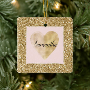 Guld Glitz Glitter Heart Namn Julgransprydnad Keramik