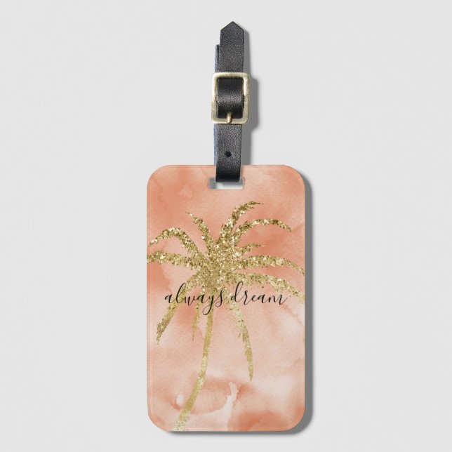 Guld Glitz Handflatan Träd Dream Peach Watercolor  Bagagebricka (Framsida vertikal)