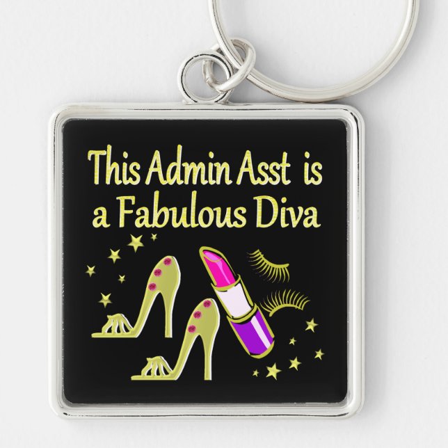 GULD GLITZY ADMIN ASSISTANT DIVA DESIGN FYRKANTIG SILVERFÄRGAD NYCKELRING (Framsidan)