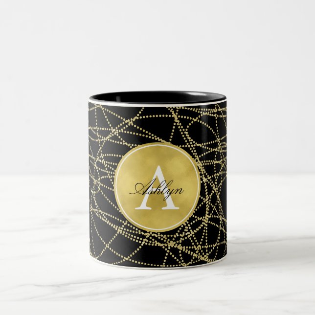 Guld Glitzy Black Abstrakt Monogram Två-Tonad Mugg (Center)