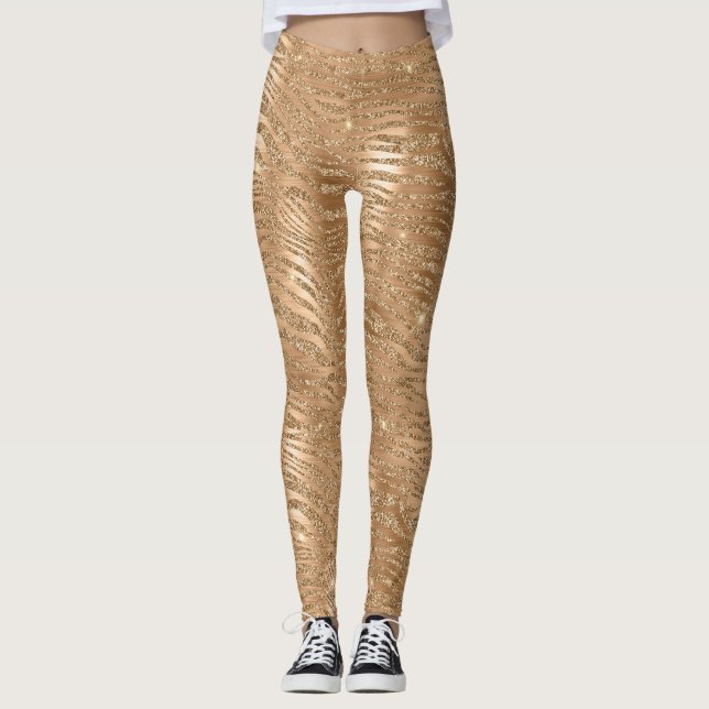 Guld Glitzy Glitter Gnistra Zebra tryck Leggings (Framsida)