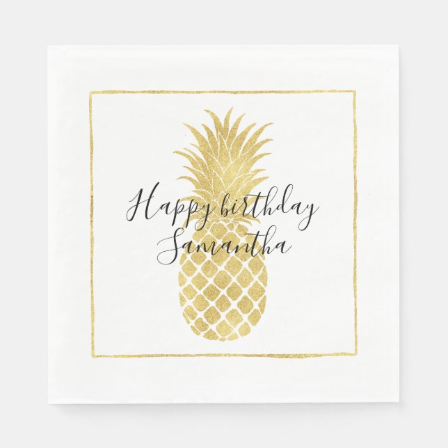 Guld Glitzy Pineapple Birthday Pappersservett (Framsidan)
