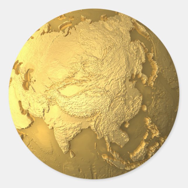 Guld Globe - Metall Earth, Asien, 3d Render Runt Klistermärke (Framsida)