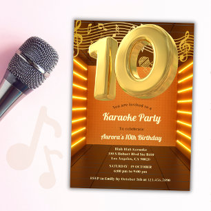 Guld Glow Singing Karaoke 10:e Födelsedagsfesten Inbjudningar