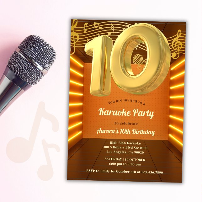 Guld Glow Singing Karaoke 10:e Födelsedagsfesten Inbjudningar (Skapare uppladdad)