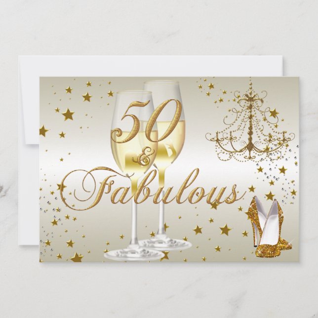 Guld Gnistra 50 & Fabulous Birthday-inbjudan Inbjudningar (Framsida)