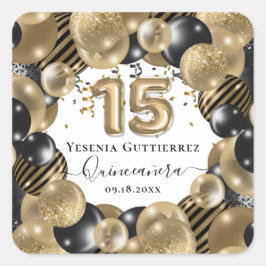 Guld Gnistra Black Quinceanera Balloon Fyrkantigt Klistermärke