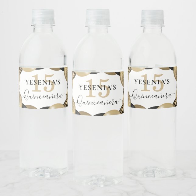 Guld Gnistra Black Quinceanera Balloon Vattenflaskor Etikett (Flaskor)