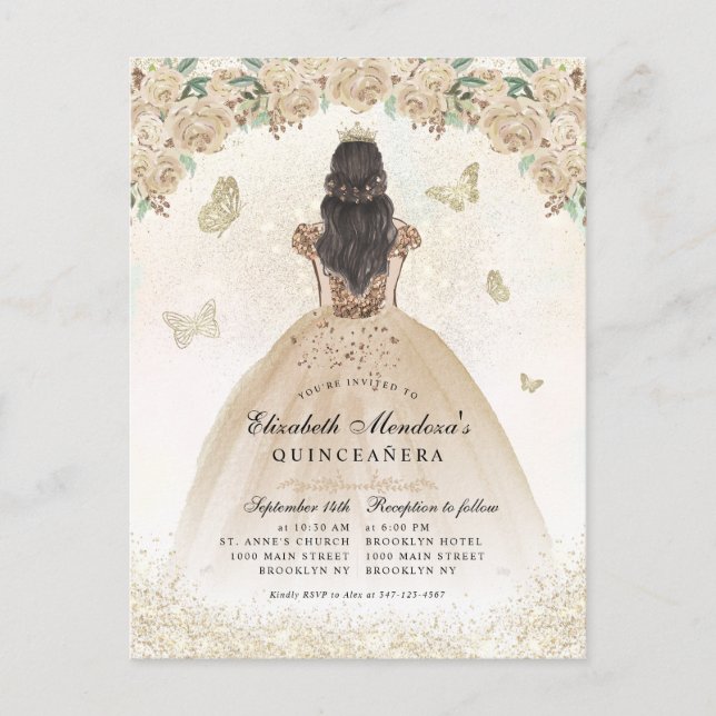 Guld Gnistra Blommigt Princess Quinceañera Birthda Vykort (Framsida)