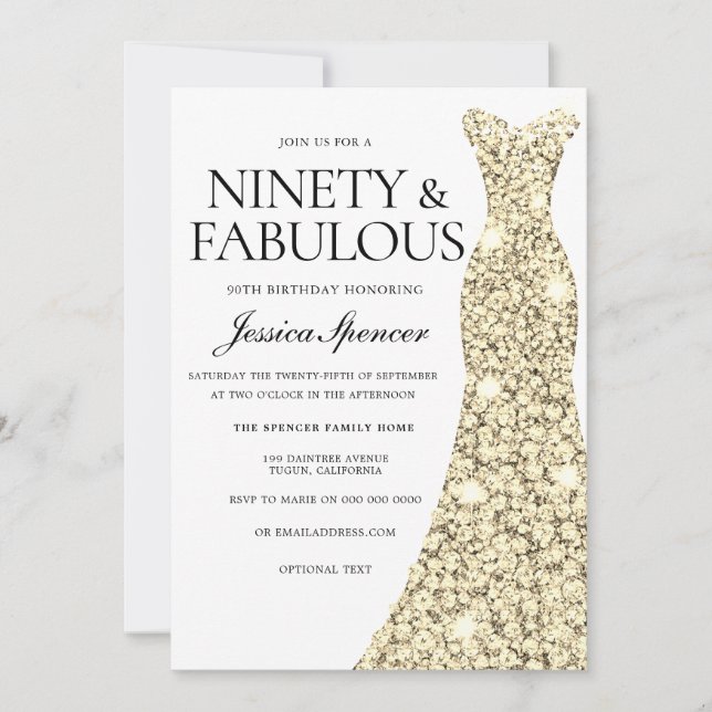 Guld Gnistra Dress 90 & Fabulous 90:e Birthday Inbjudningar (Framsida)