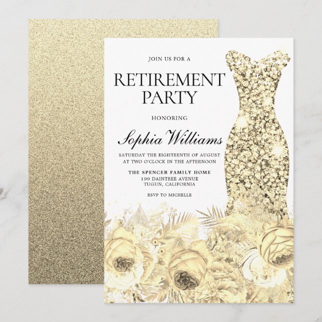 Guld Gnistra Dress & Flowers Pension Party Inbjudningar (Fram/baksida)