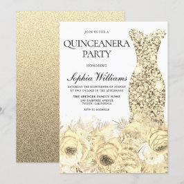 Guld Gnistra Dress & Flowers Quinceanera Party Inbjudningar