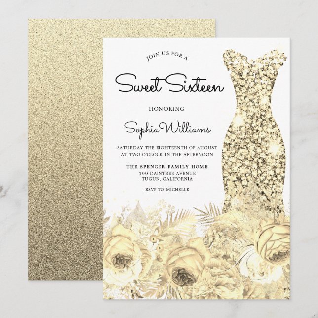 Guld Gnistra Dress & Flowers Sweet 16 Party Inbjudningar (Fram/baksida)