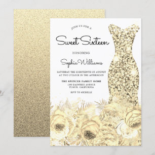 Guld Gnistra Dress & Flowers Sweet 16 Party Inbjudningar