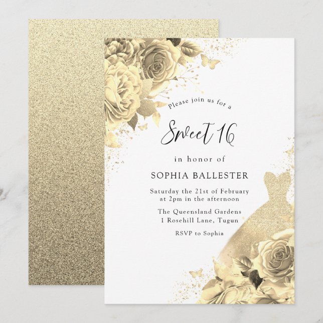 Guld Gnistra Dress & Flowers Sweet 16 Party Inbjudningar (Fram/baksida)