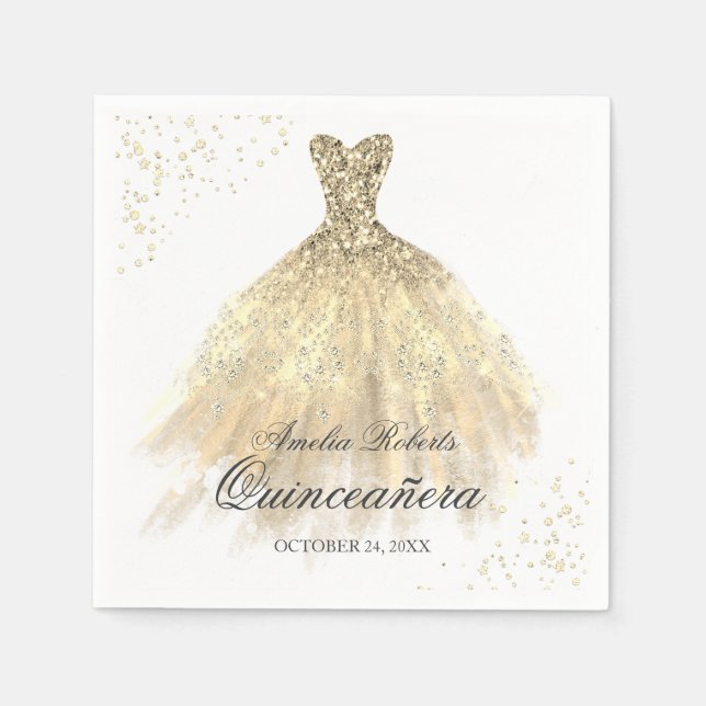 Guld Gnistra Dress Quinceanera Napkin Pappersservett (Framsidan)