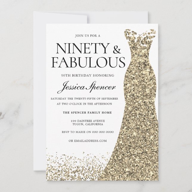 Guld Gnistra Dress Womans 90:e Födelsedagsfest Inbjudningar (Framsida)