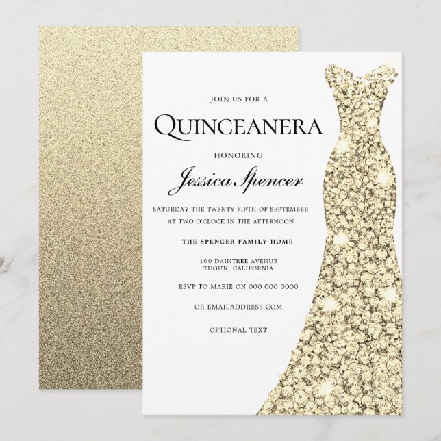 Guld Gnistra Glitter Dress Quinceanera Inbjudan (Fram/baksida)