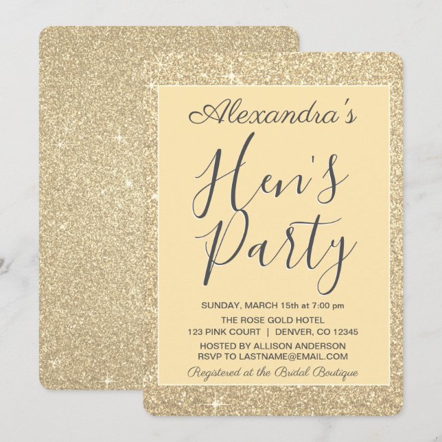 Guld Gnistra Glitter Hens Party Inbjudningar (Fram/baksida)