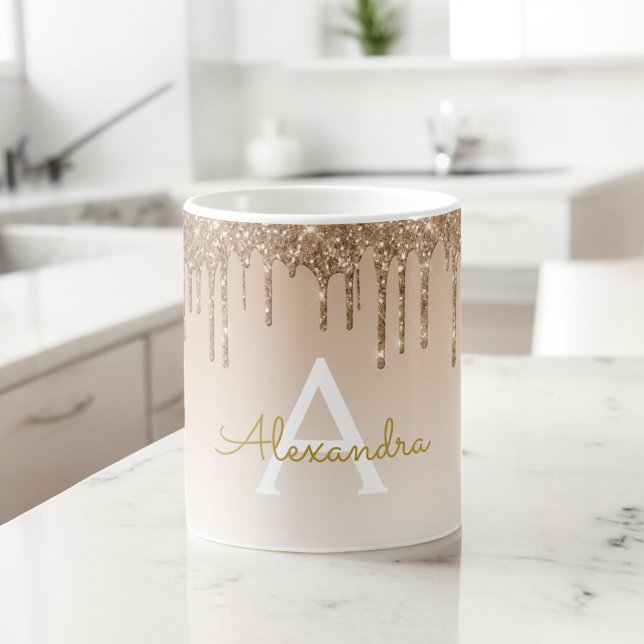 Guld Gnistra Glitter lyxmunogram Namn Kaffemugg (Skapare uppladdad)