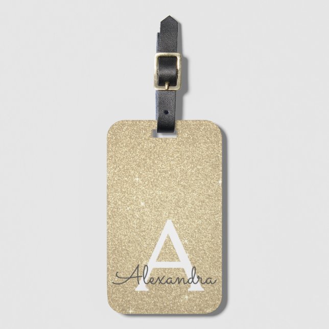 Guld Gnistra Glitter Monogram Namn Bagagebricka (Framsida vertikal)