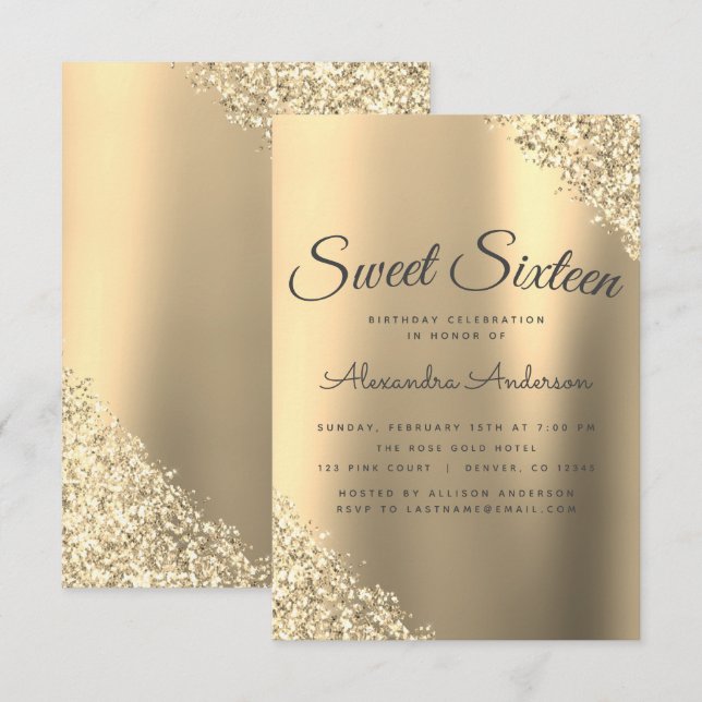 Guld Gnistra Glitter Sweet sixteen Inbjudningar (Fram/baksida)