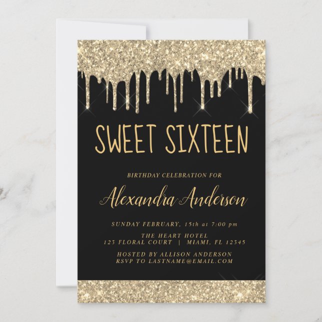 Guld Gnistra Glitter Sweet sixteen Inbjudningar (Framsida)