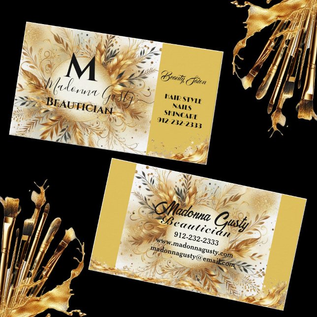 Guld Gnistra Monogram Blommigt Beauty Professionel Visitkort (Gold Sparkle Monogram Floral Beauty Professional Business Card)
