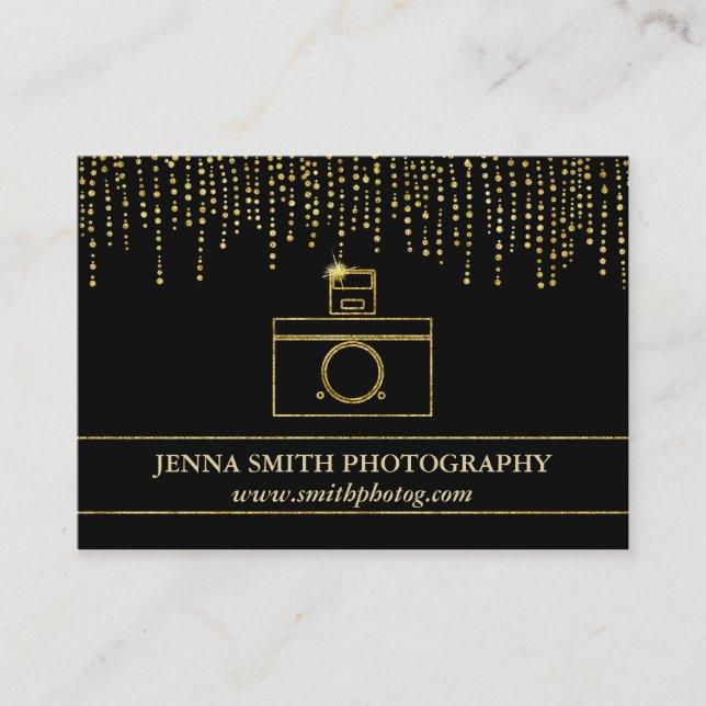 Guld- gnistra- och glitterfotografkamera visitkort (Framsida)
