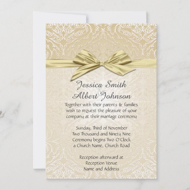 Guld Gnistra Ribbon Damask Wedding Inbjudan (Framsida)