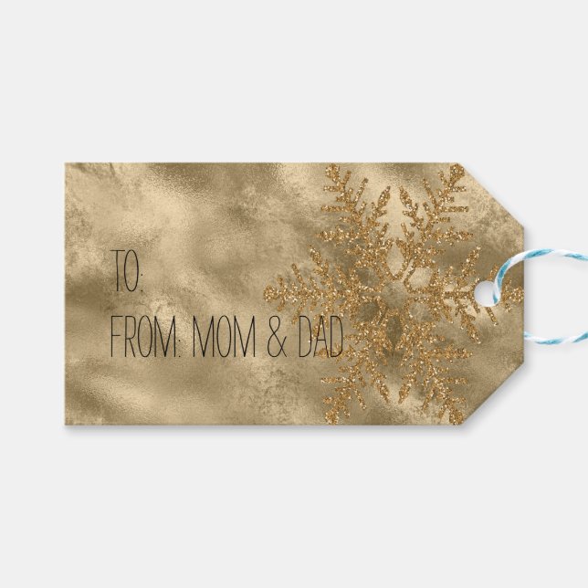 Guld Gnistra Snowflake Glitter Presentetikett (Framsidan (Horisontell))