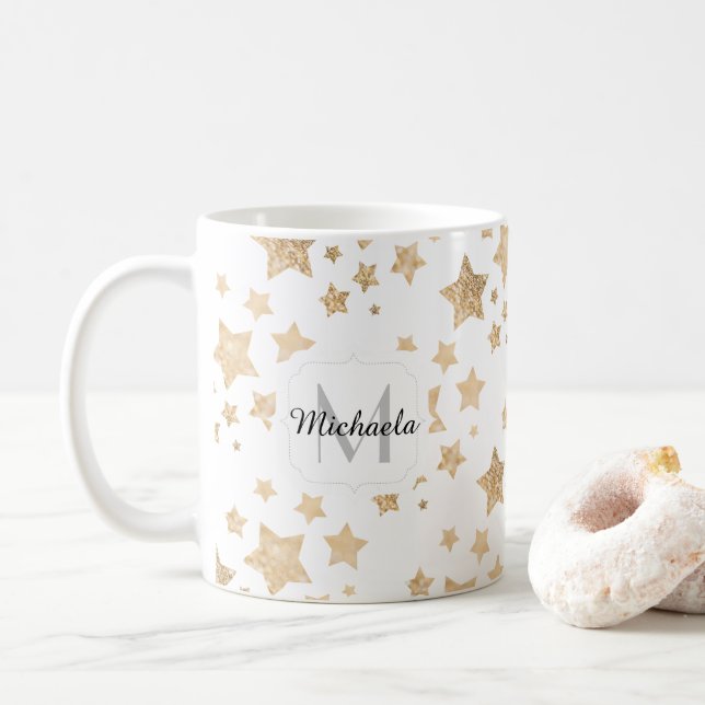 Guld gnistra Stars Jul Monogram vit Kaffemugg (Med munk)