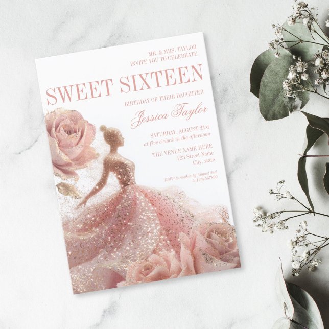 Guld Gnistra Sweet 16  Rosa Dress Inbjudningar (blush pink glitter dress with roses sweet sixteen birthday invitation)
