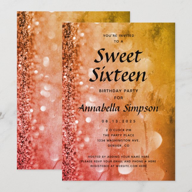 Guld  Gnistran Sweet sixteen 16:e födelsedag Inbjudningar (Fram/baksida)