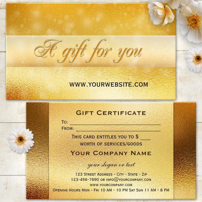 Guld Gnistrande Bokeh Presentkortsmall Mall Rabattkort (Gift certificate business card featuring festive gold and bokeh sparkles)